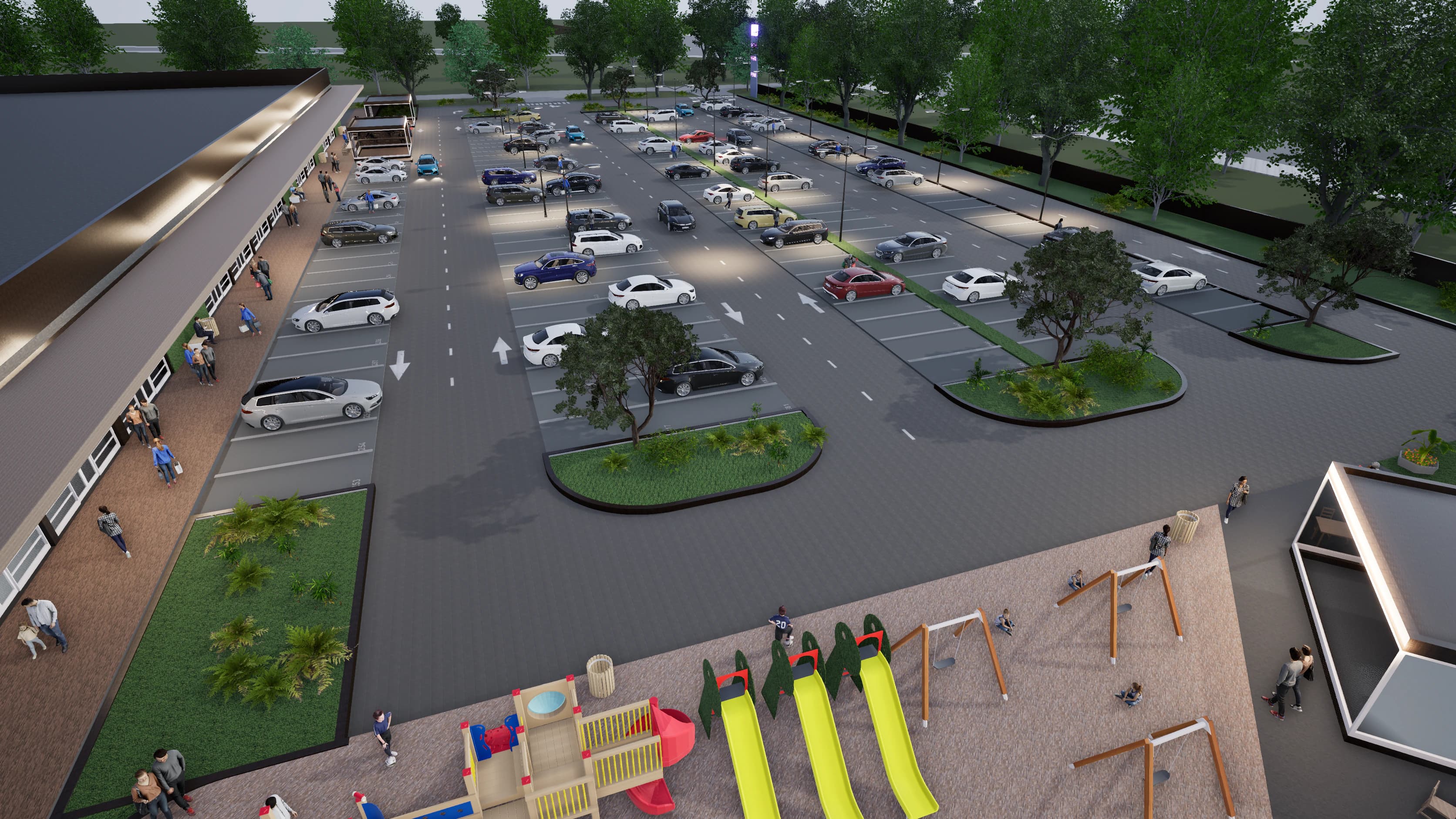 Rendering of the design for a single-level retail center in Ćuprija, Serbia: the covered walkway along the shops, with parking and a playground.