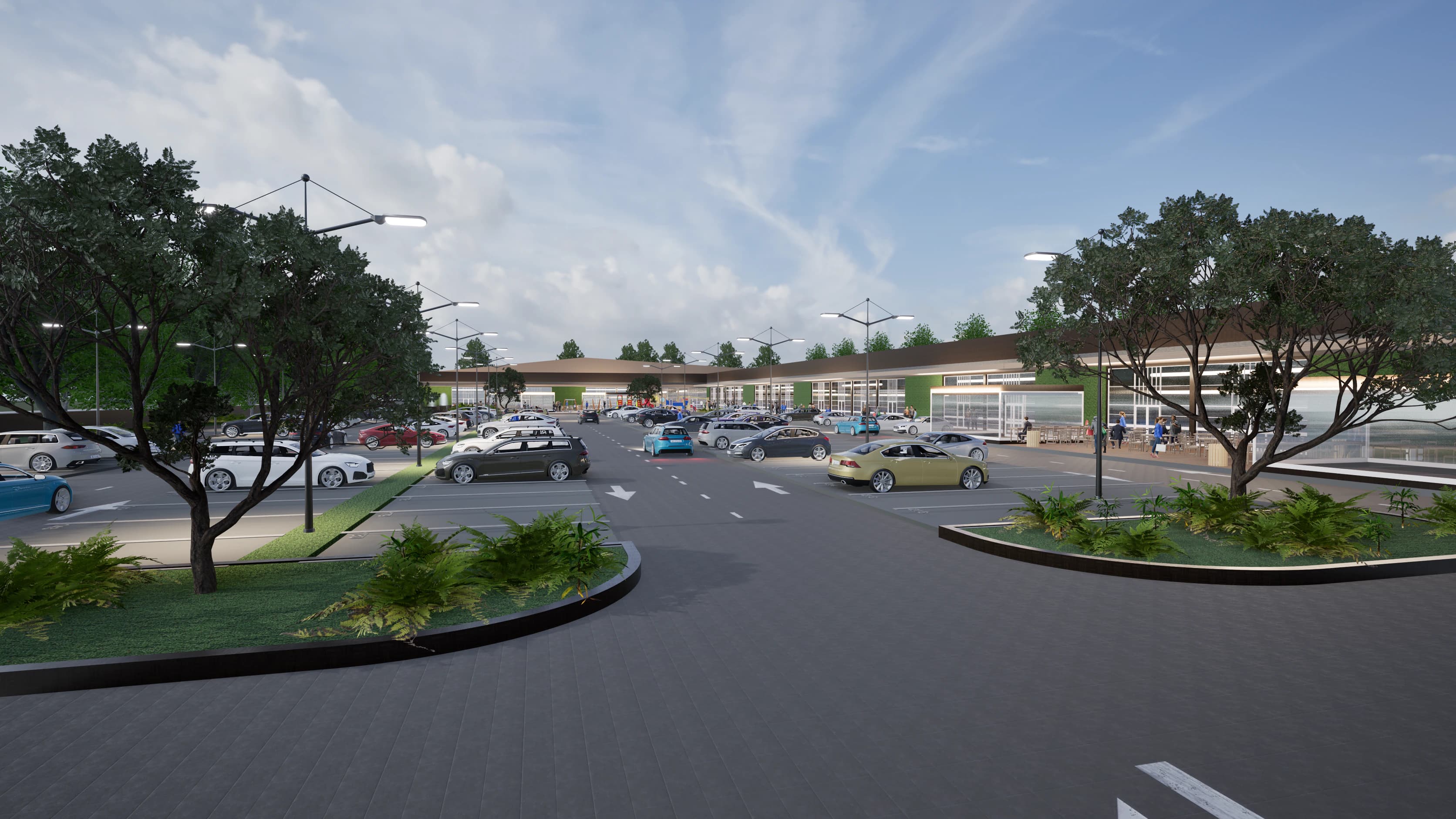 Rendering of the design for a single-level retail center in Ćuprija, Serbia: view from the entrance drive across the parking to the shops.