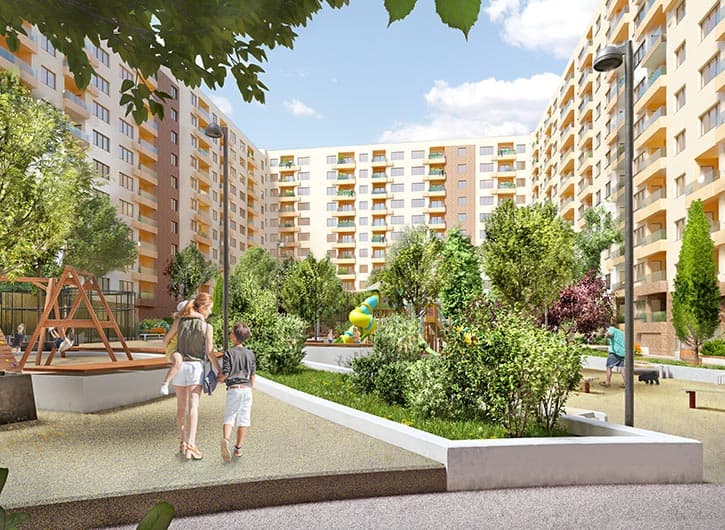 Rendering of the design for a residential complex of 12 buildings in Kragujevac, Serbia: the landscaped inner courtyard with a playground.