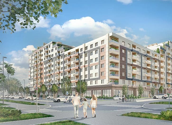Rendering of the design for a residential complex of 12 buildings in Kragujevac, Serbia: corner view from the street.