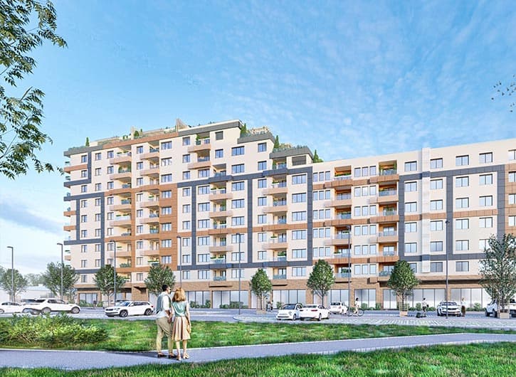 Rendering of the design for a residential complex of 12 buildings in Kragujevac, Serbia: the street front, with glazed commercial space on the ground floor.