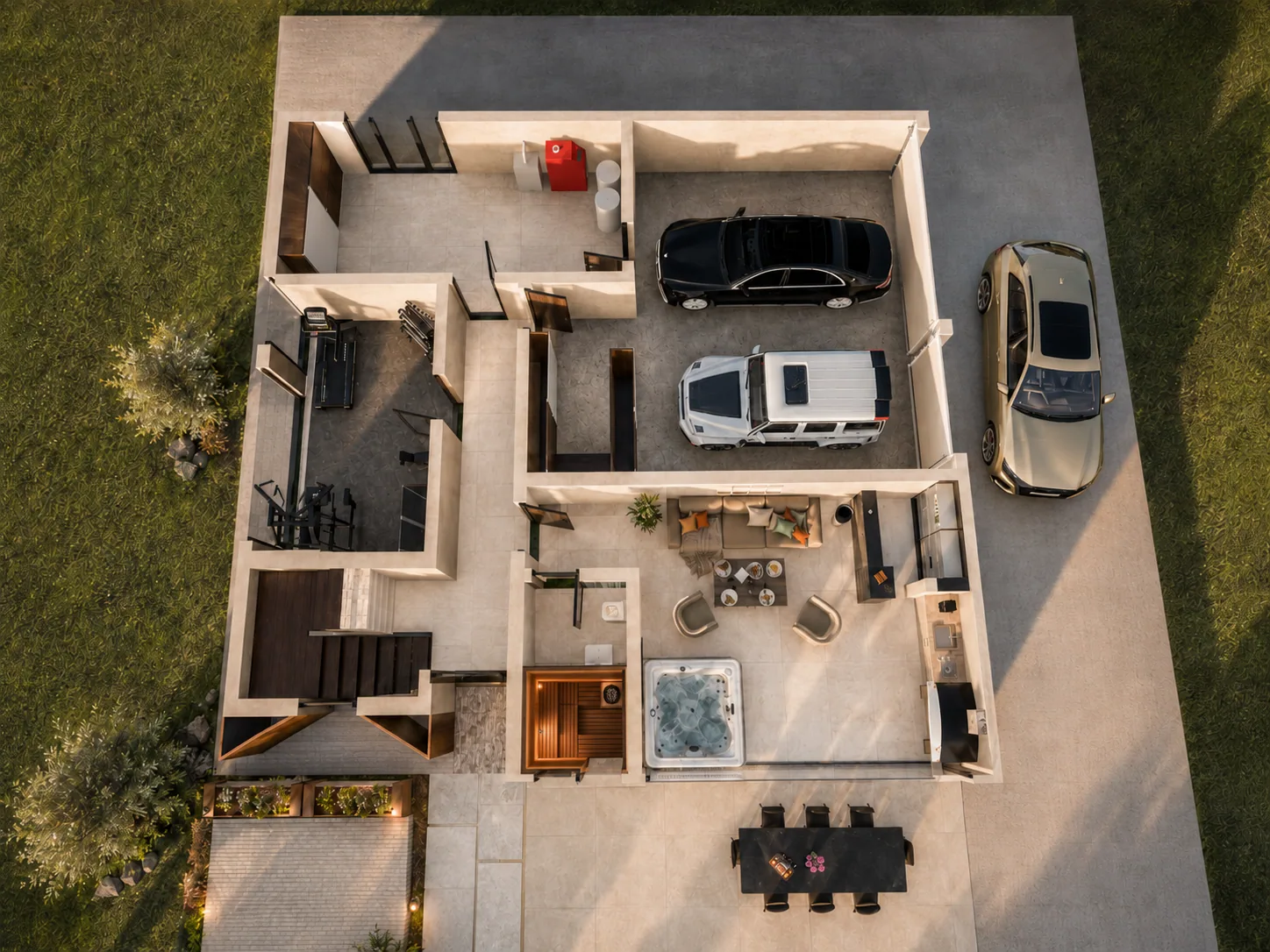 Floor plan of the ground floor of the Altura design, shown as a 3D cutaway: garage, home gym, sauna, mechanical room and a glazed lounge opening to the garden
