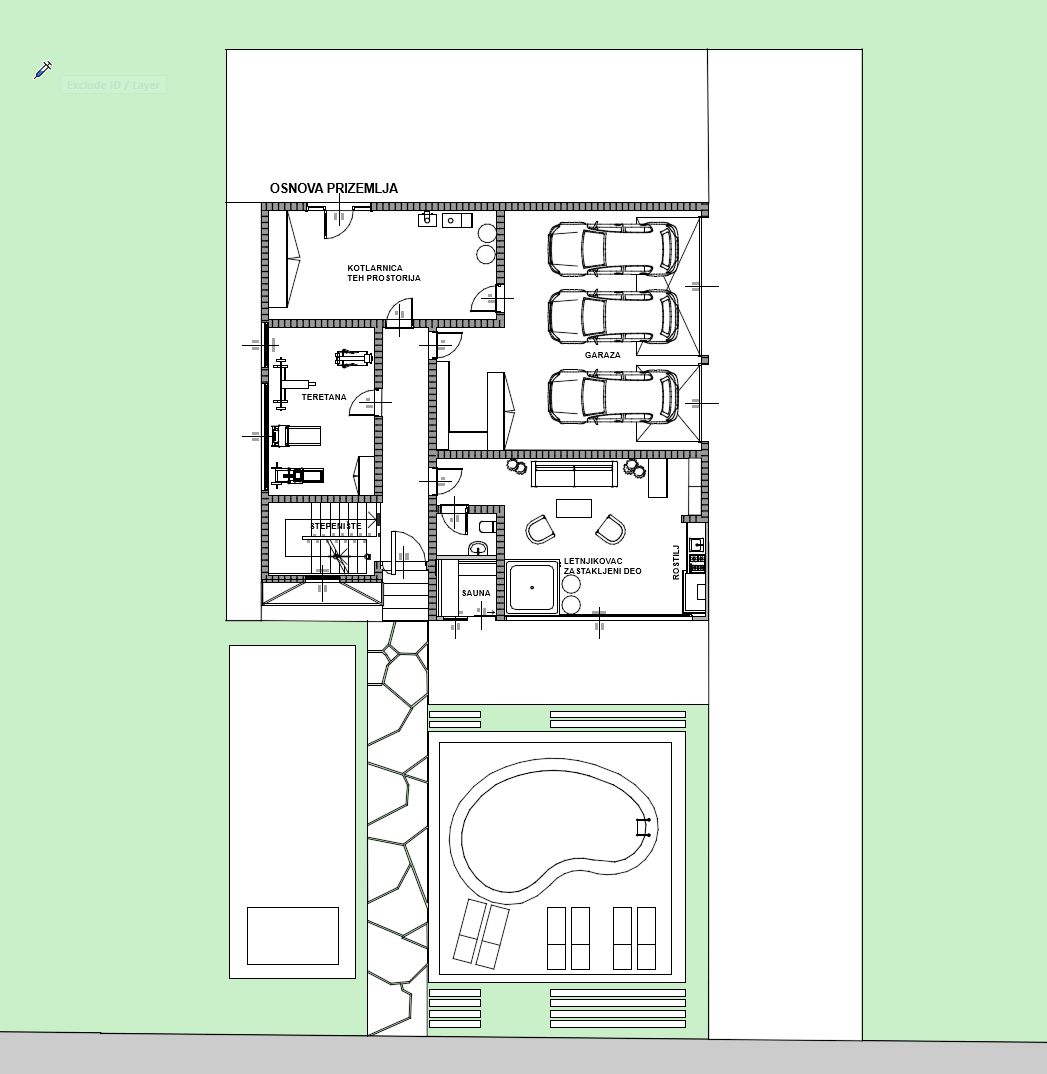 Floor plan of the ground floor of the Altura design: three-car garage, gym, sauna, mechanical room, stair and glazed garden lounge, with the pool in front