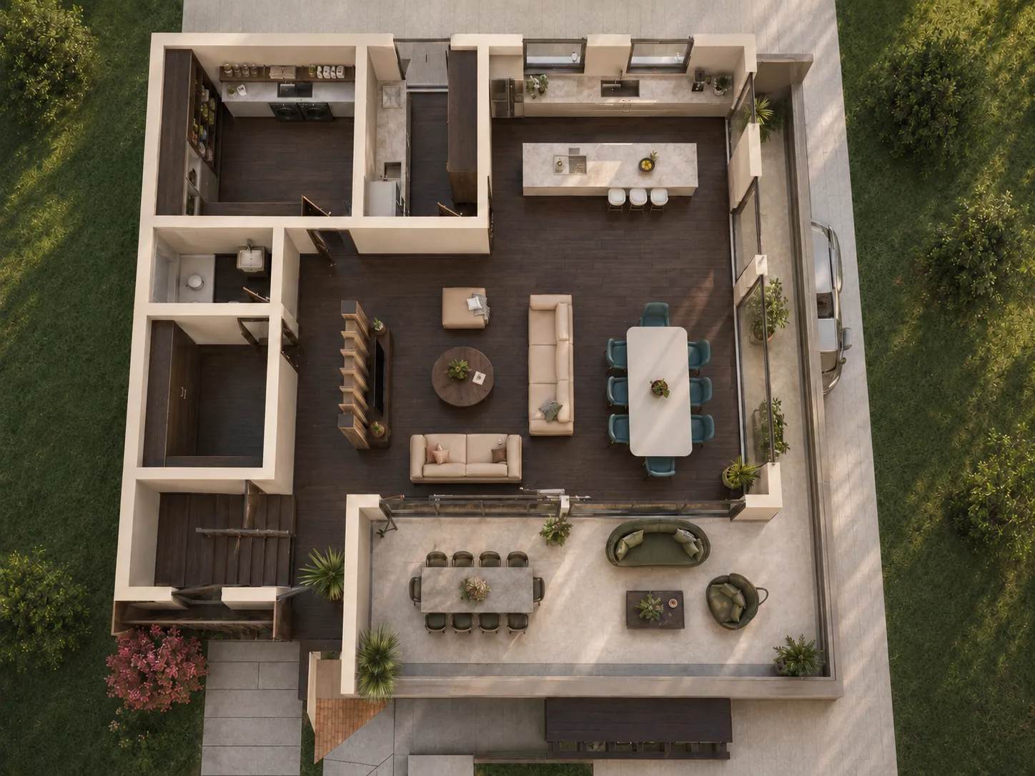 Floor plan of the middle floor of the Altura design, shown as a 3D cutaway: open-plan living, dining and island kitchen wrapped by a large terrace