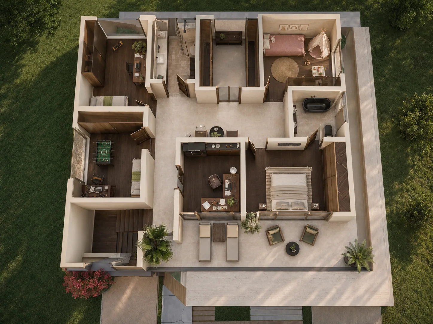 Floor plan of the top floor of the Altura design, shown as a 3D cutaway: four bedrooms, a study, walk-in wardrobe, two bathrooms and a terrace