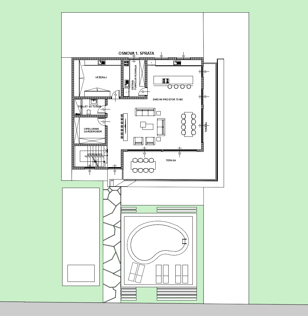 Floor plan of the middle floor of the Altura design: 75 m² (807 ft²) open living, dining and kitchen, laundry, pantry, shower room and cloakroom, with terraces on two sides