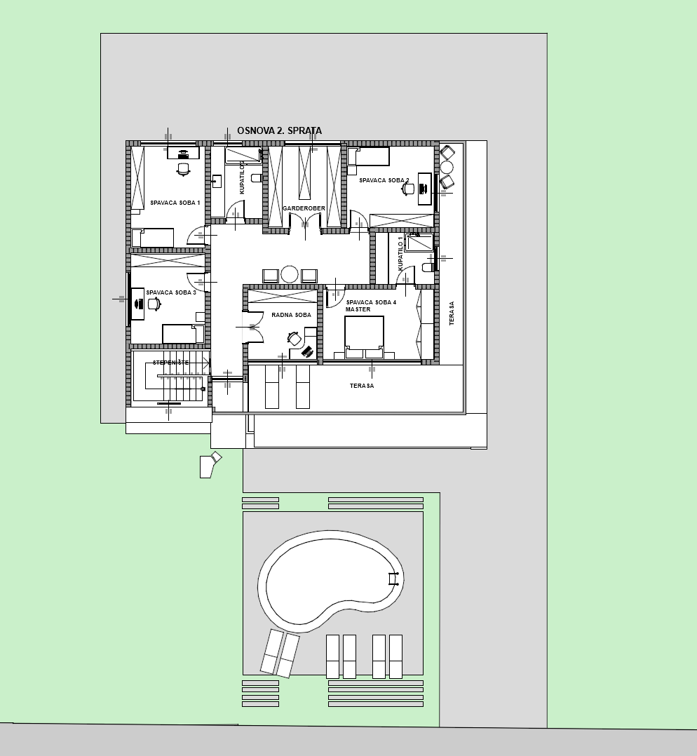 Floor plan of the top floor of the Altura design: primary bedroom and three further bedrooms, study, walk-in wardrobe and two bathrooms, with terraces