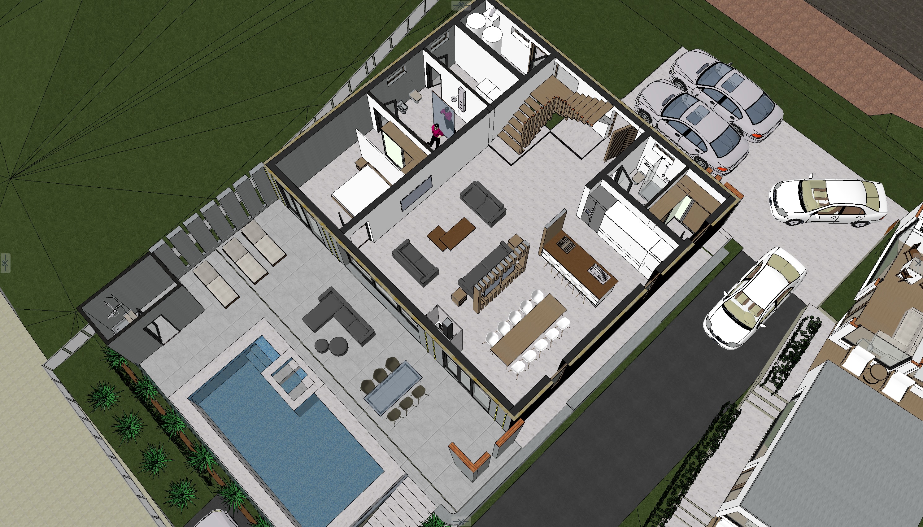 Floor plan of the ground floor of the Belvedere design, shown as a 3D cutaway: open living, island kitchen and long dining table opening to the pool terrace