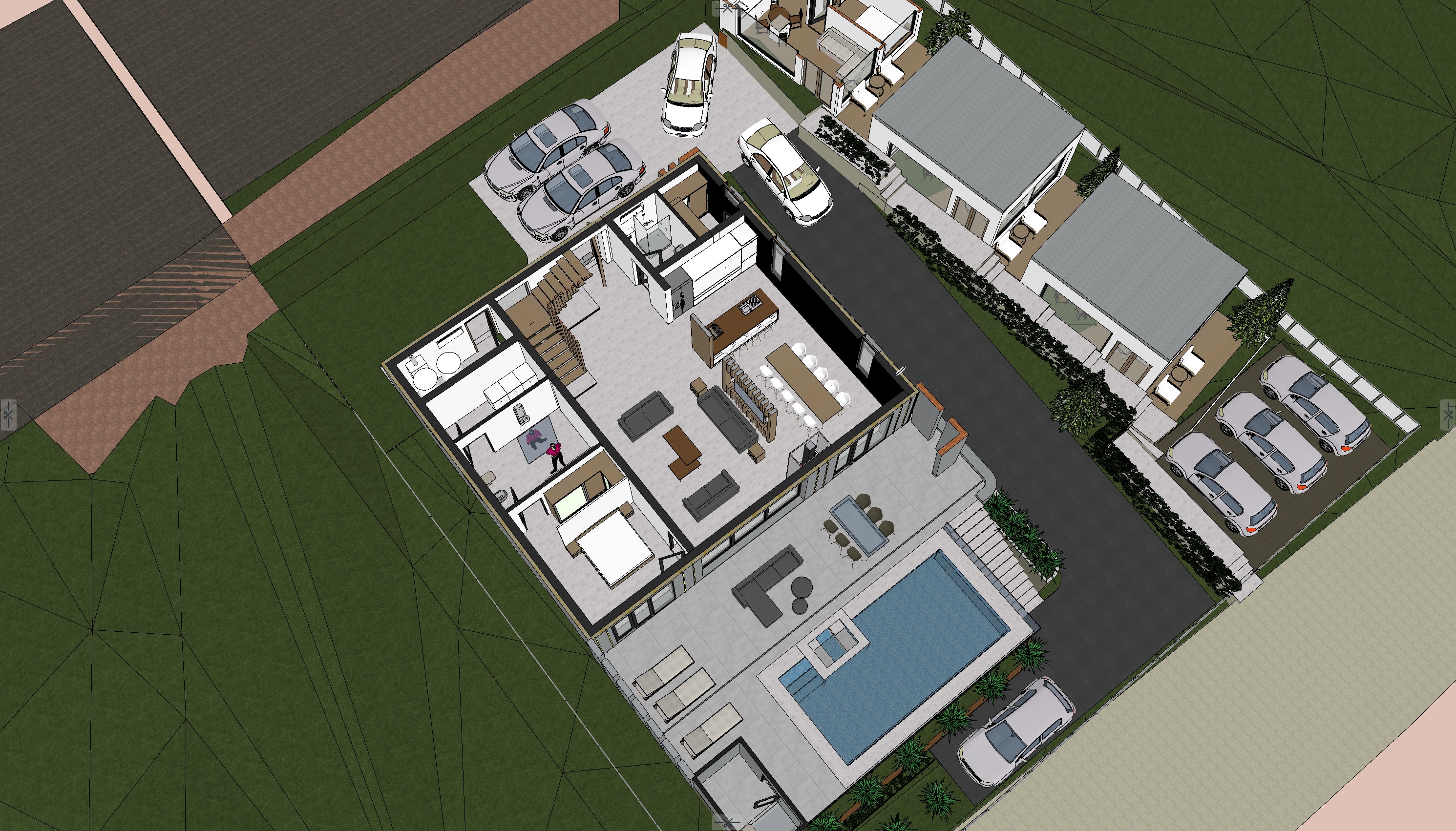 Floor plan of the ground floor of the Belvedere design, shown as a 3D cutaway: the living area, terrace, pool, parking and outbuildings