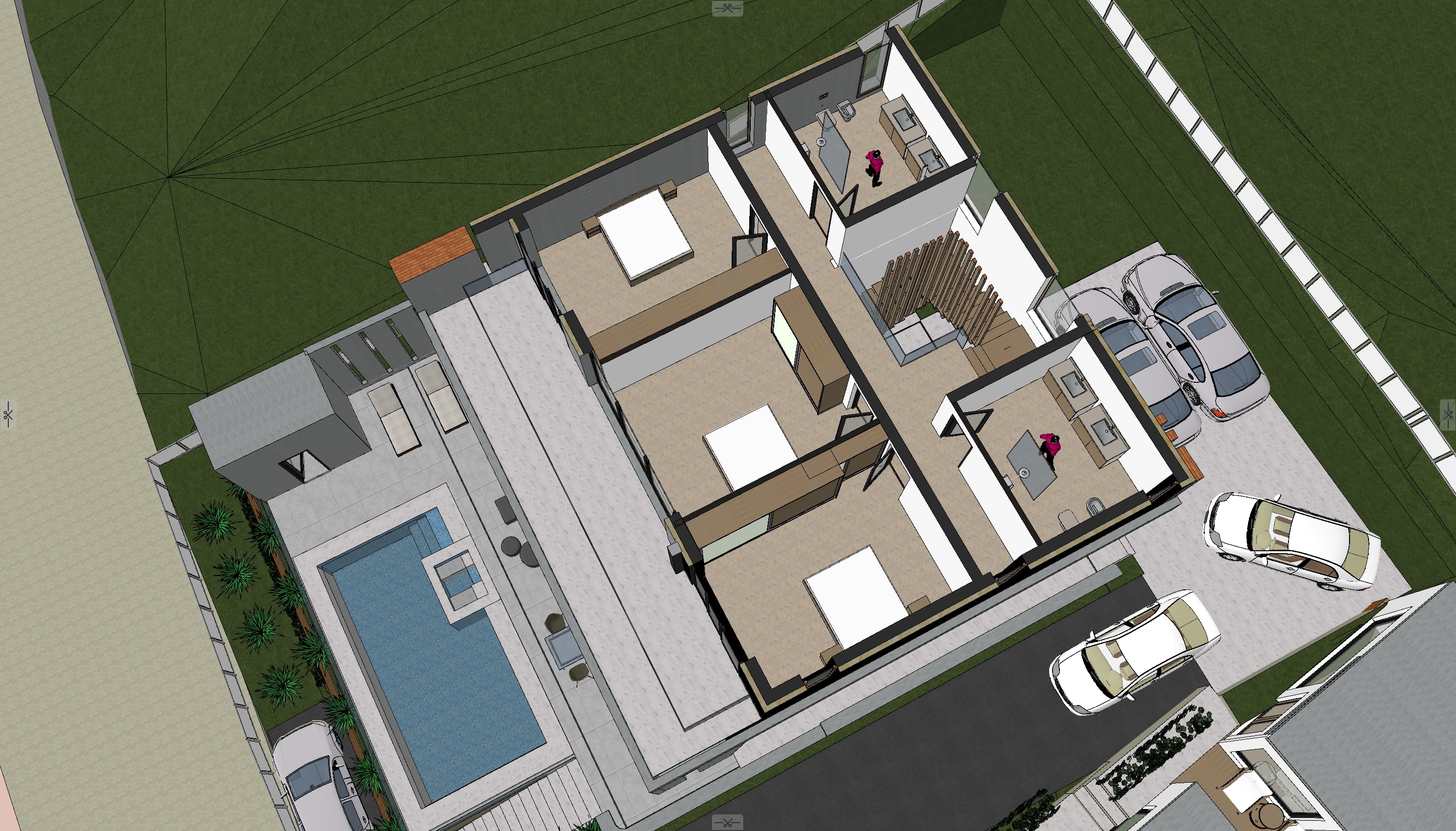 Floor plan of the upper floor of the Belvedere design, shown as a 3D cutaway: three bedrooms facing the terrace and pool, two bathrooms and the stair hall
