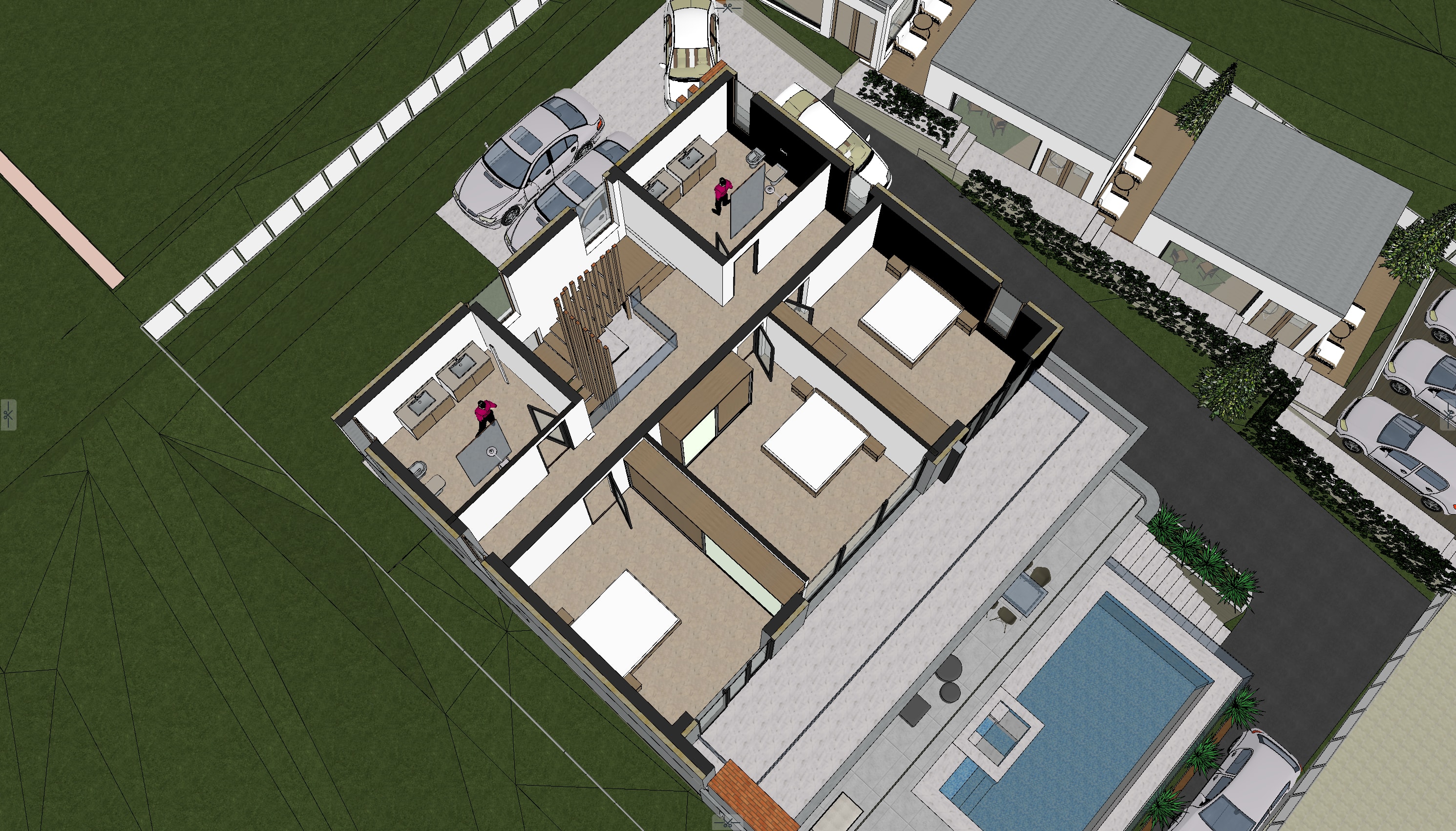 Floor plan of the upper floor of the Belvedere design, shown as a 3D cutaway: bedrooms opening to the terrace, bathrooms and the timber-screened stair