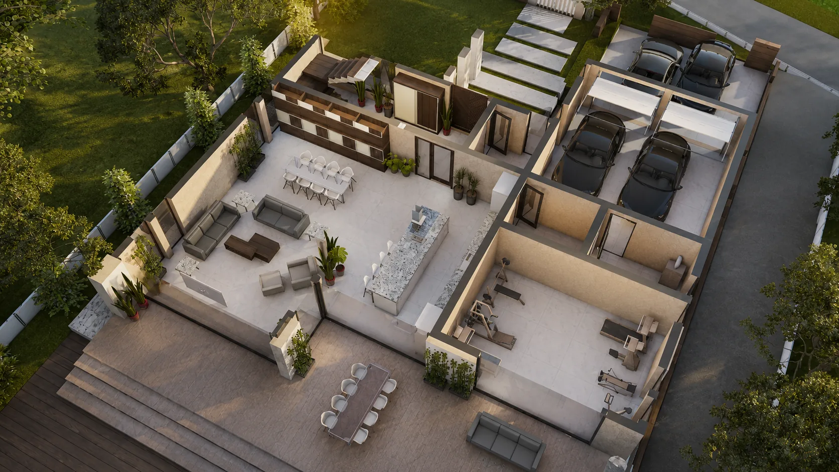 Floor plan of the ground floor of the Cascade design, shown as a 3D cutaway: open-plan living, kitchen island, home gym and double garage