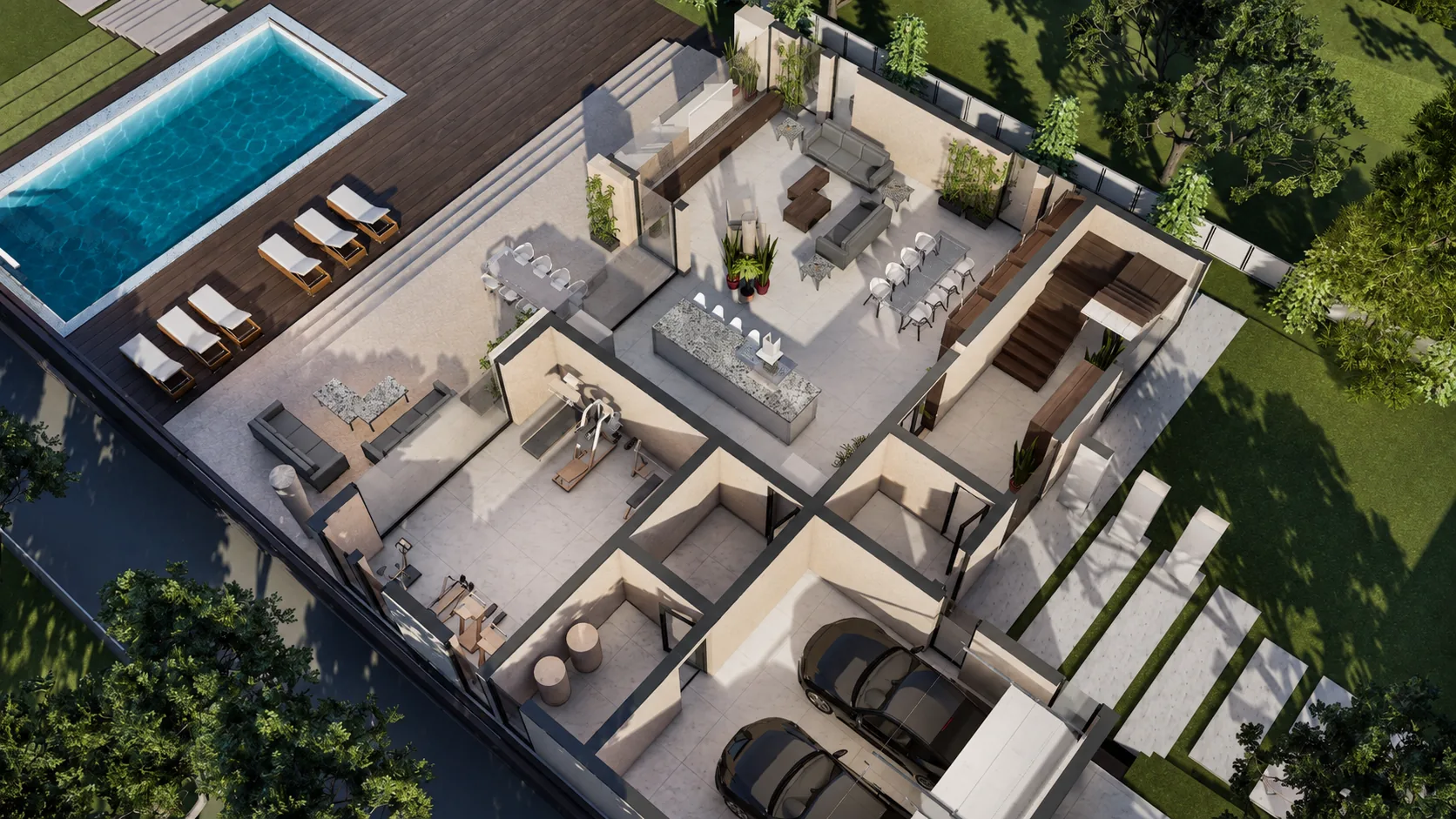 Floor plan of the ground floor of the Cascade design, shown as a 3D cutaway: gym, sauna and garage