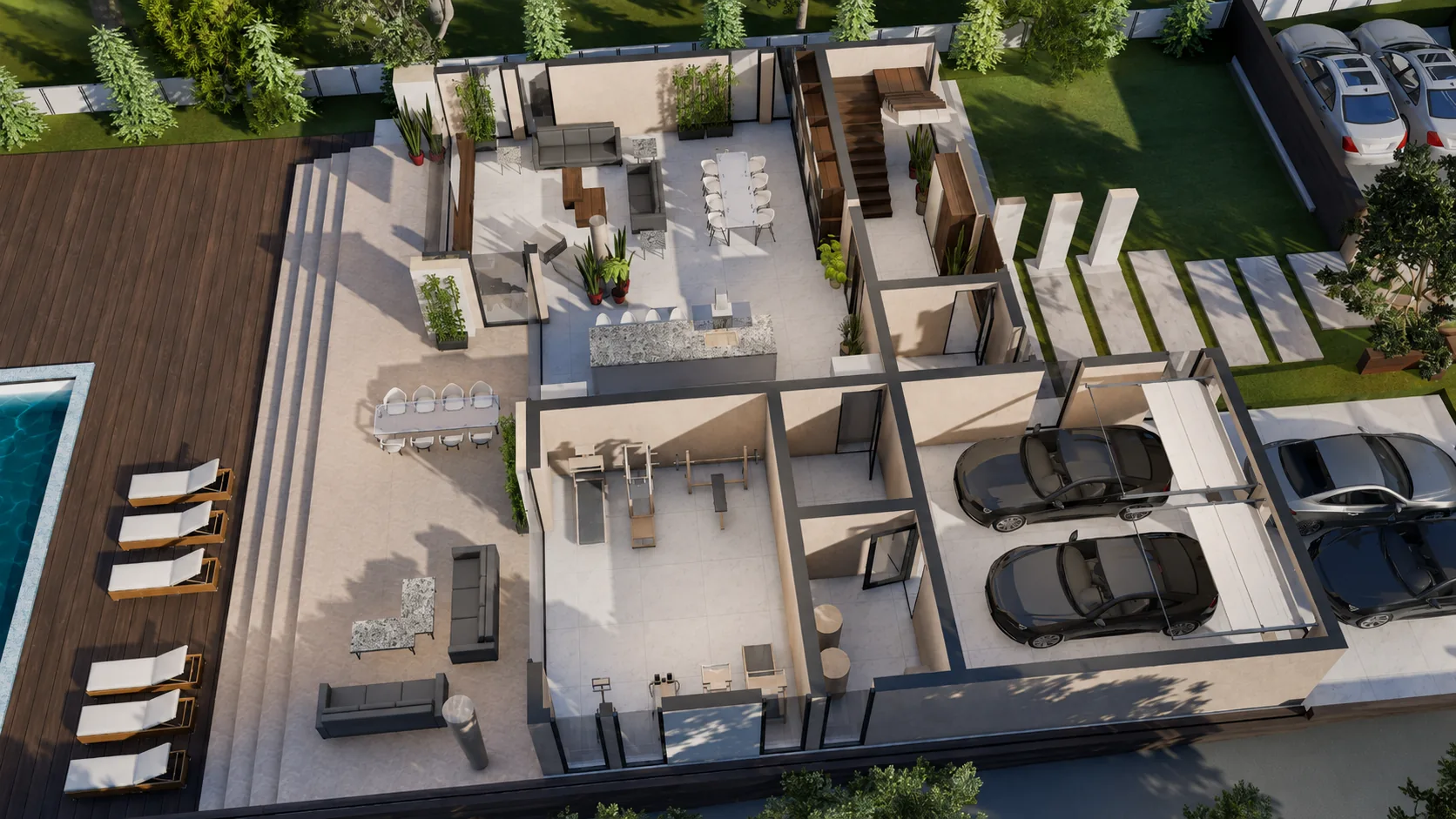 Floor plan of the ground floor of the Cascade design, shown as a 3D cutaway: a covered terrace, outdoor dining and wide steps down to the pool deck