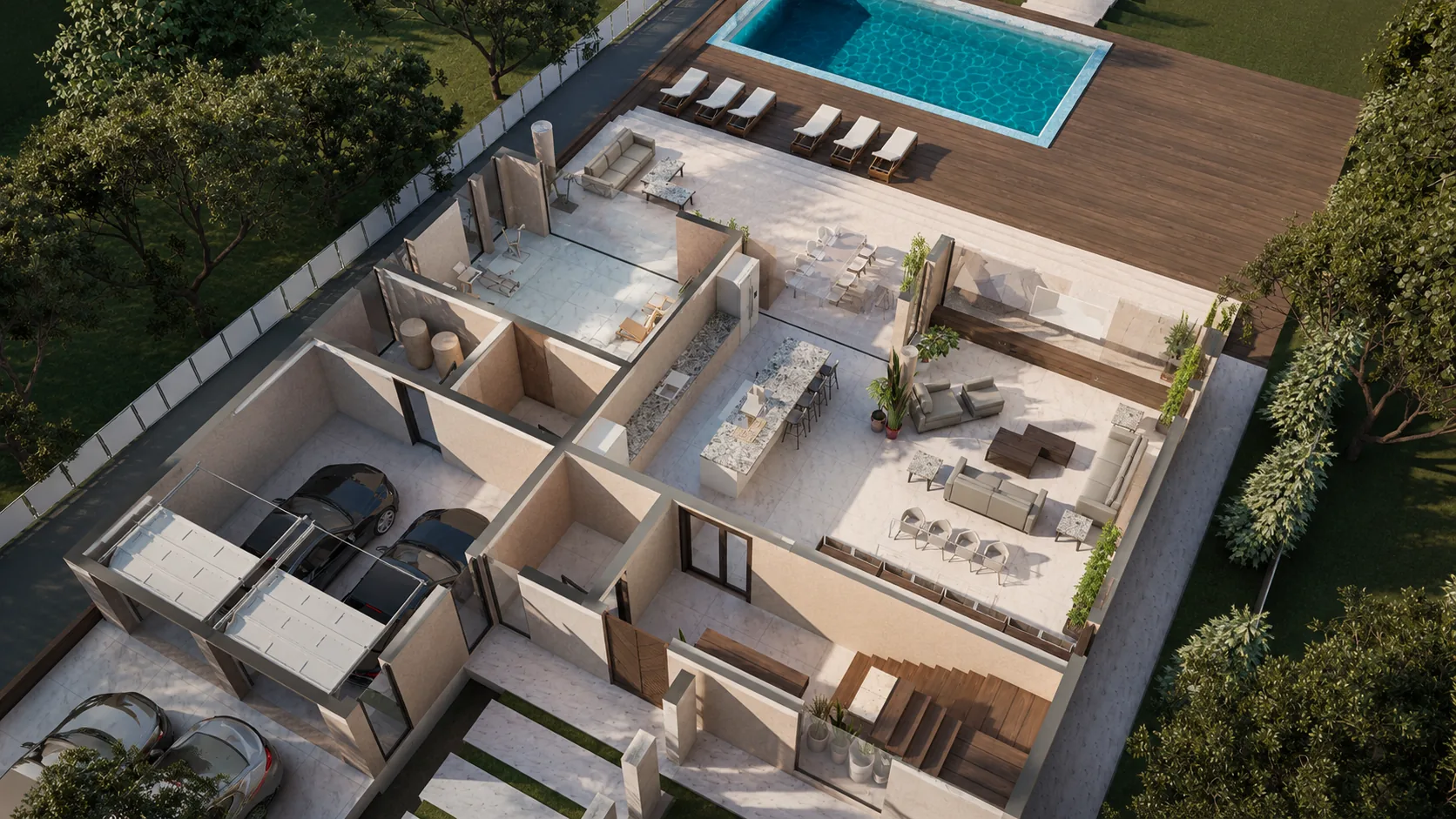 Floor plan of the ground floor of the Cascade design, shown as a 3D cutaway: the Cascade stone kitchen island, dining area and living room beside the pool