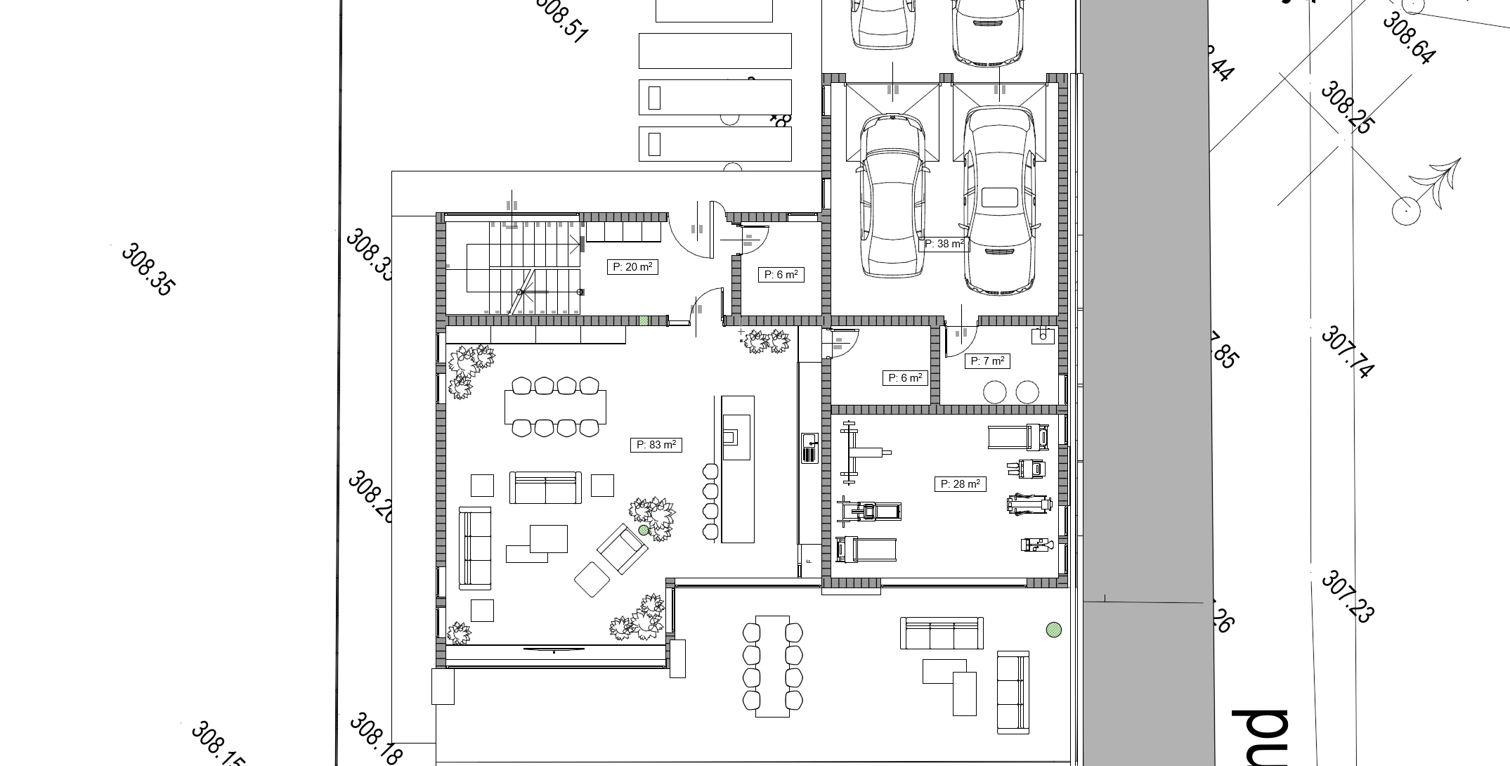 Floor plan of the ground floor of the Cascade design: open-plan living, kitchen and dining, home gym, sauna, bathroom, mechanical room and double garage