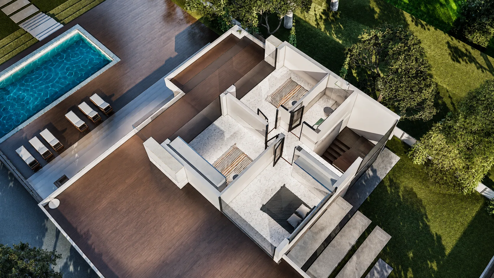 Floor plan of the upper floor of the Cascade design, shown as a 3D cutaway: three bedrooms, a bathroom and a terrace overlooking the pool