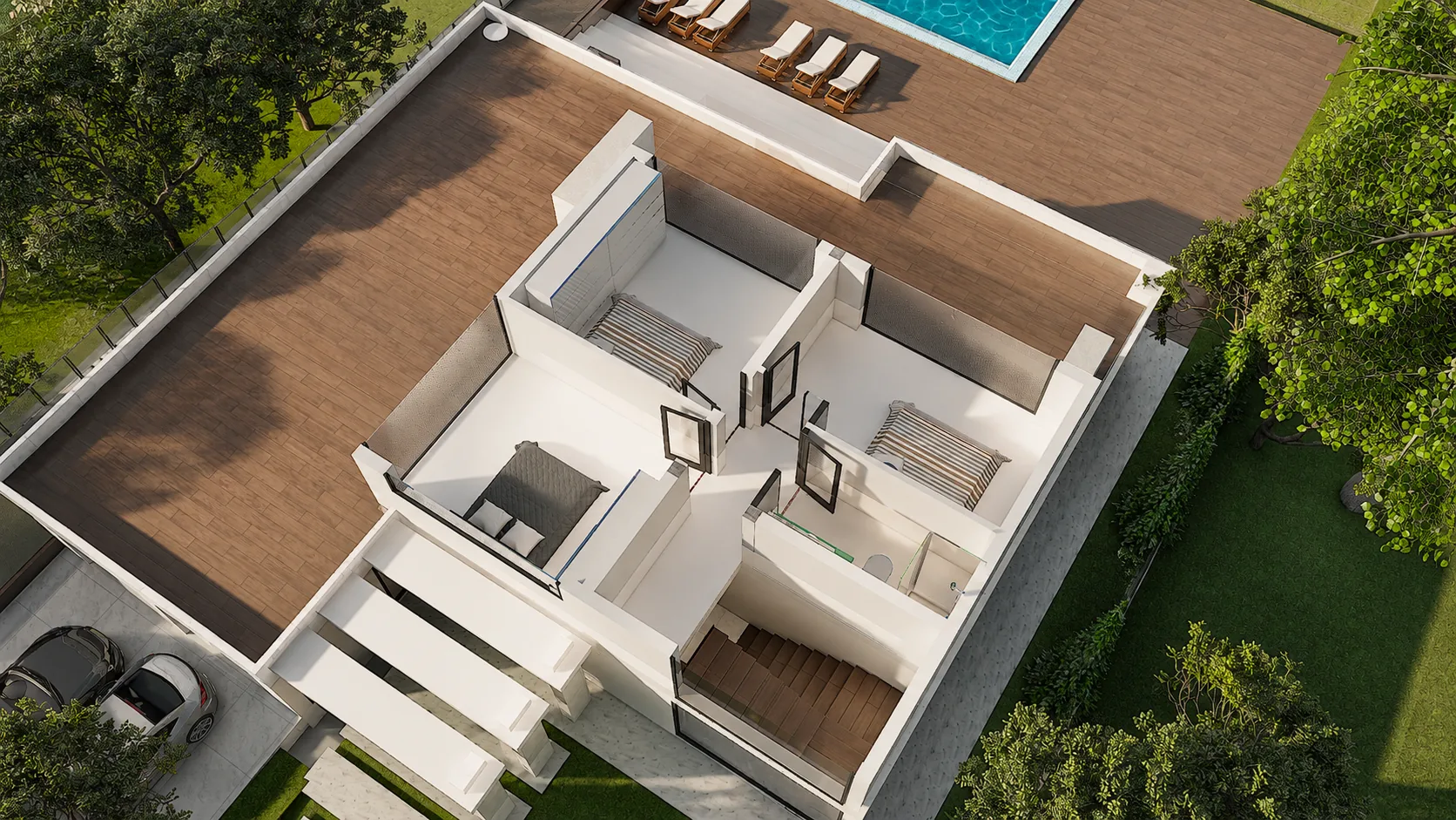 Floor plan of the upper floor of the Cascade design, shown as a 3D cutaway: glass walls, staircase and a roof terrace above the living area