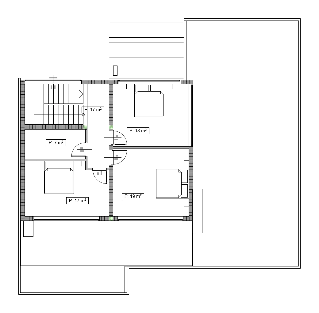 Floor plan of the upper floor of the Cascade design: three bedrooms of 17–19 m² (183–205 ft²), a bathroom, stair hall and terrace
