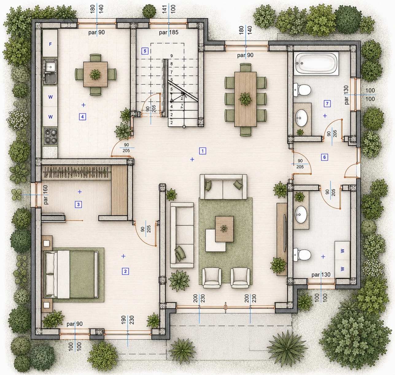 Floor plan of the ground floor of the Collina design: open living and dining, separate kitchen, bedroom with dressing room, bathroom and WC with laundry