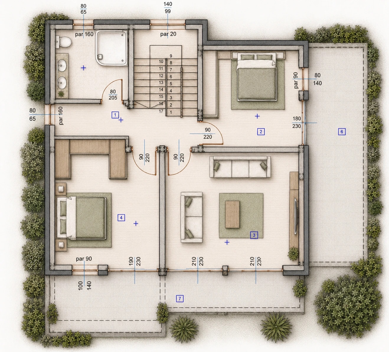 Floor plan of the upper floor of the Collina design: two bedrooms, family lounge, bathroom, balcony and side terrace