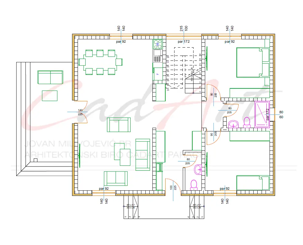 Floor plan of the ground floor of the Elise design: living and dining room, kitchen, staircase, two bedrooms, bathroom and WC; CAD ART studio letterhead as a faint watermark across the image.