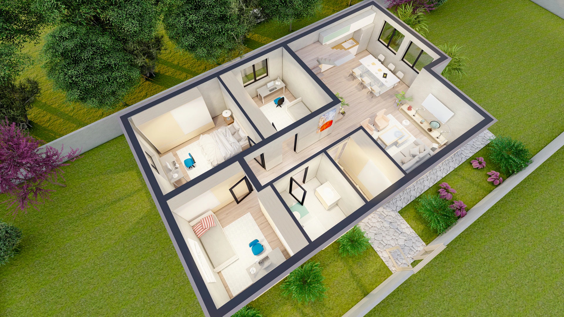 Floor plan of the attic floor of the Harmonia design, shown as a 3D cutaway.