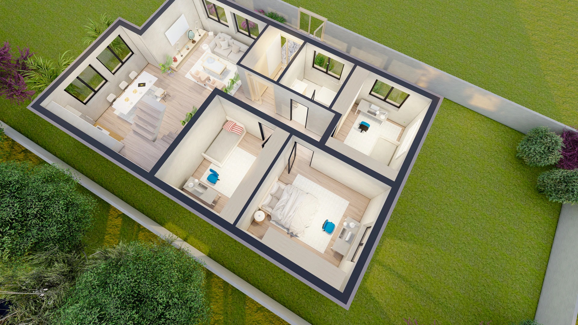 Floor plan of the attic floor of the Harmonia design, shown as a 3D cutaway: two bedrooms, a study, a bathroom and a landing lounge.