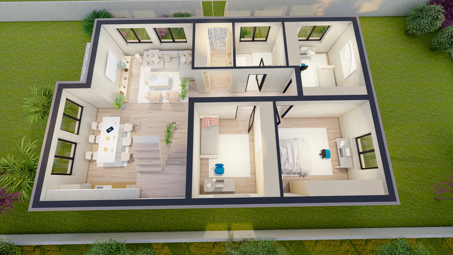 Floor plan of the ground floor of the Harmonia design, shown as a 3D cutaway from a second angle: living room, dining table for eight, kitchen along one wall, staircase, a bedroom and a second room with a daybed and desk.