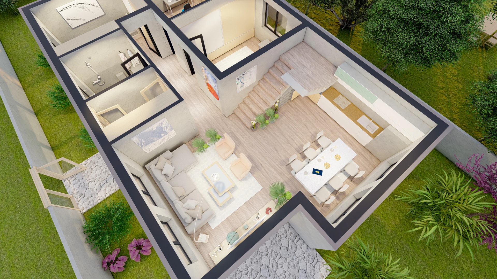 Floor plan of the ground floor of the Harmonia design, shown as a 3D cutaway: open-plan living and dining, kitchen, staircase, bedroom and bathroom.