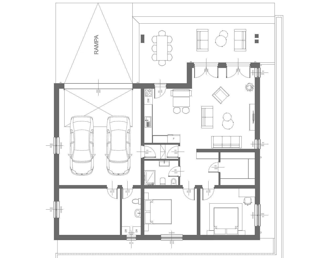 Floor plan of the ground floor of the Hearth design: open living and kitchen, two bedrooms, a walk-in wardrobe and a double garage