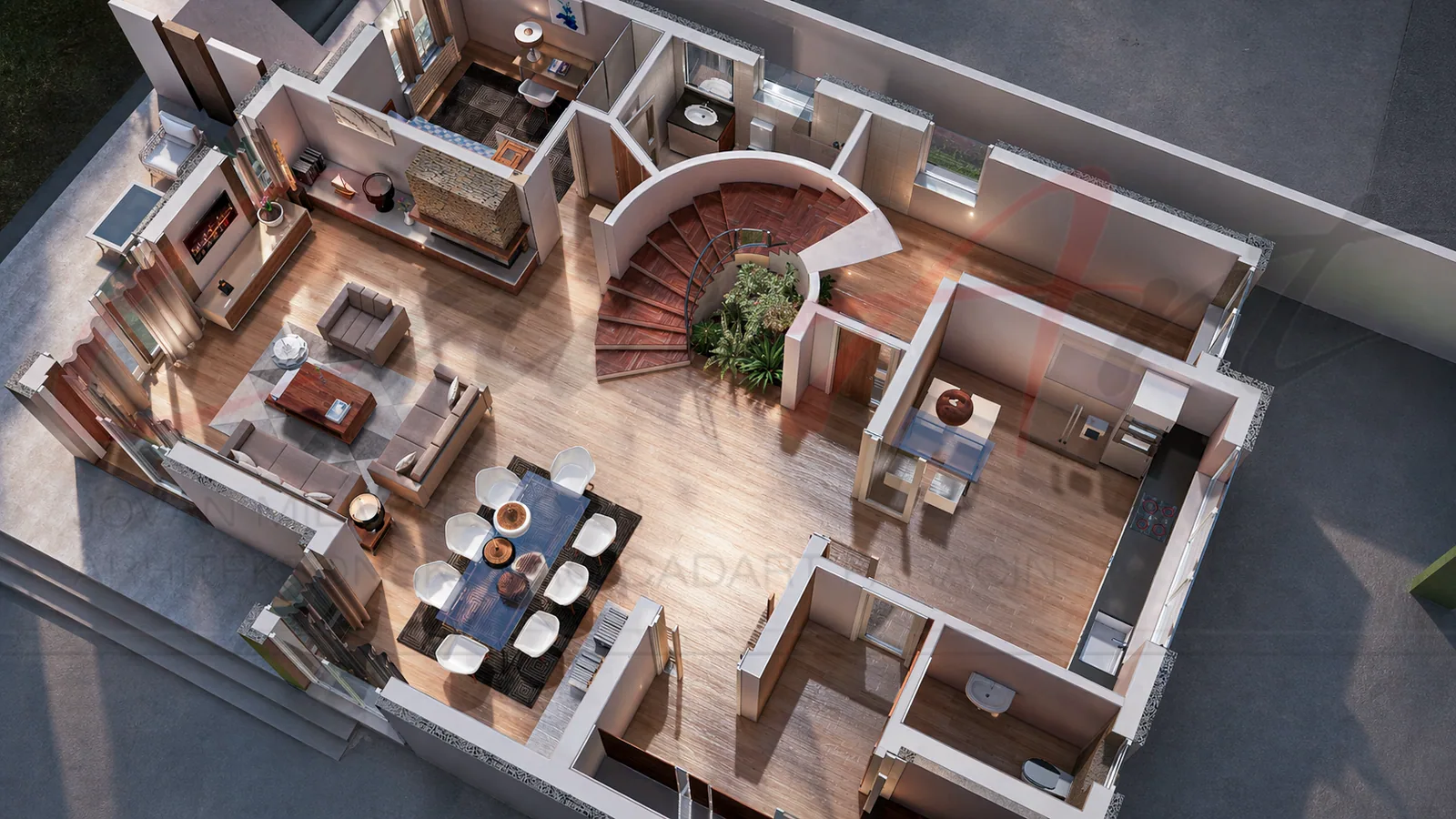 Floor plan of the ground floor of the Horizon design, shown as a 3D cutaway: living room with fireplace, dining, enclosed kitchen, spiral staircase, bedroom, bathroom and guest WC; CAD ART studio letterhead as a faint watermark across the image.