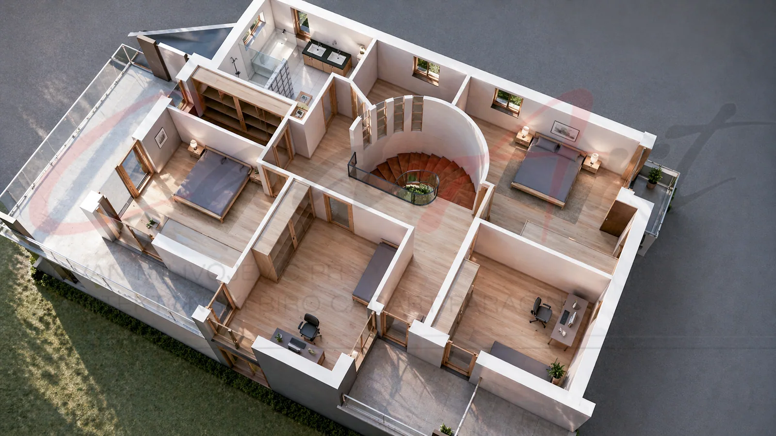 Floor plan of the upper floor of the Horizon design, shown as a 3D cutaway: four bedrooms, family bathroom, walk-in wardrobe, terrace and balconies; CAD ART studio letterhead as a faint watermark across the image.