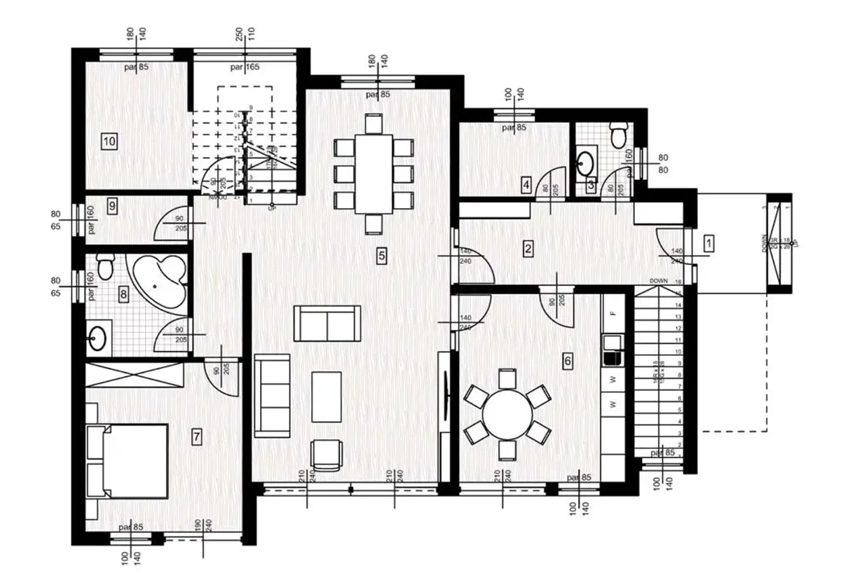 Floor plan of the ground floor of the Lumen design: living and dining room, kitchen, study, bedroom and bathroom