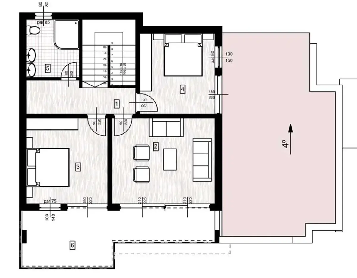 Floor plan of the upper floor of the Lumen design: two bedrooms, a family lounge, a bathroom and a large terrace