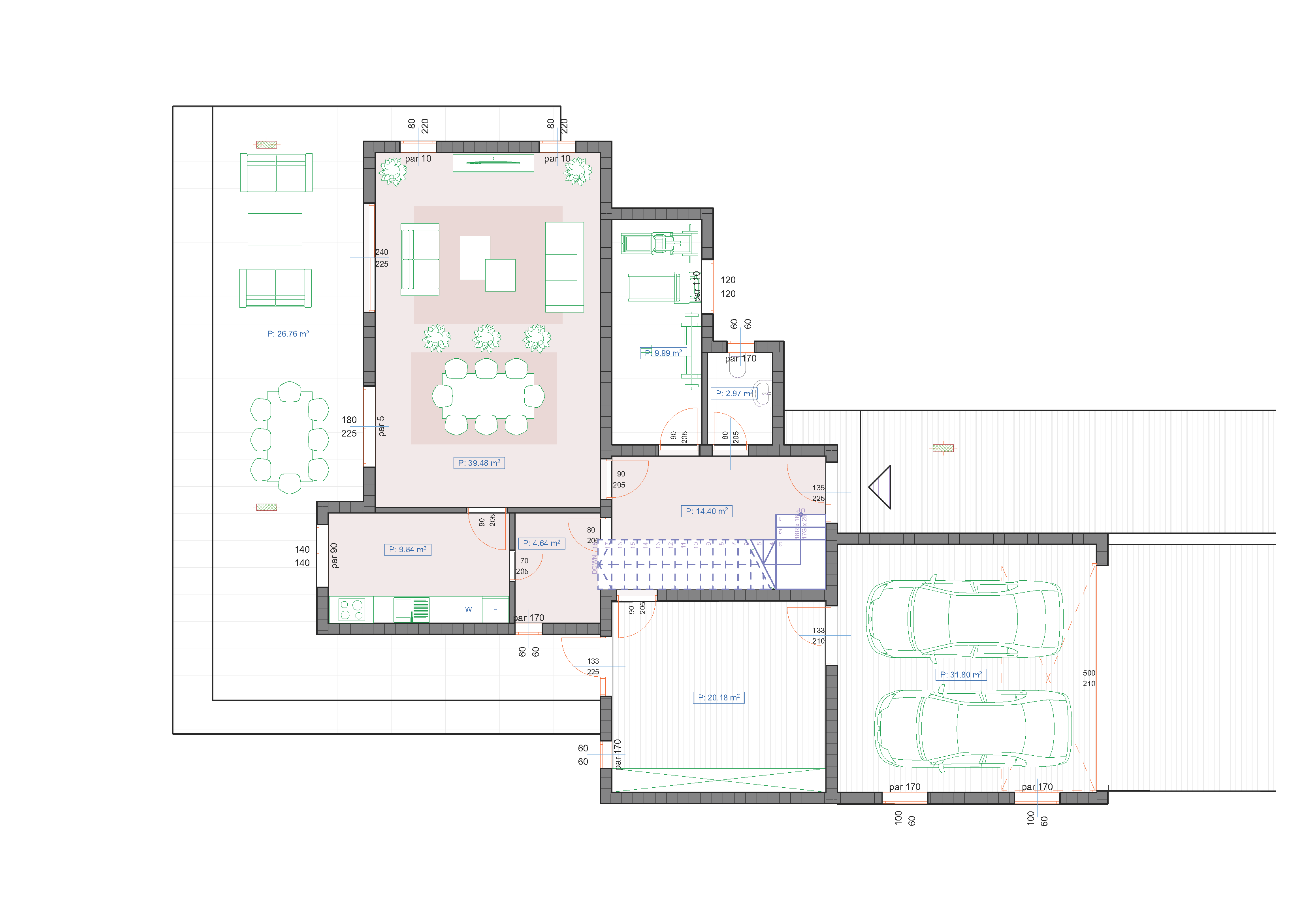 Floor plan of the ground floor of the Oasis design: open living and dining, kitchen with pantry, entrance hall, guest WC, flex room, store and two-car garage