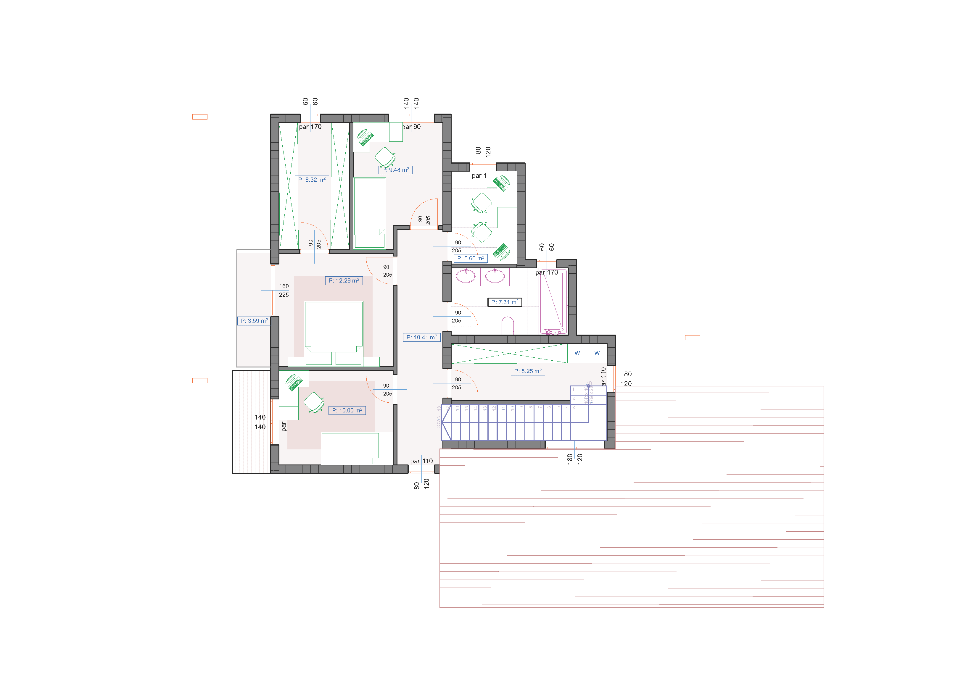 Floor plan of the upper floor of the Oasis design: principal bedroom with walk-in wardrobe and balcony, two further bedrooms, study, family bathroom and laundry store