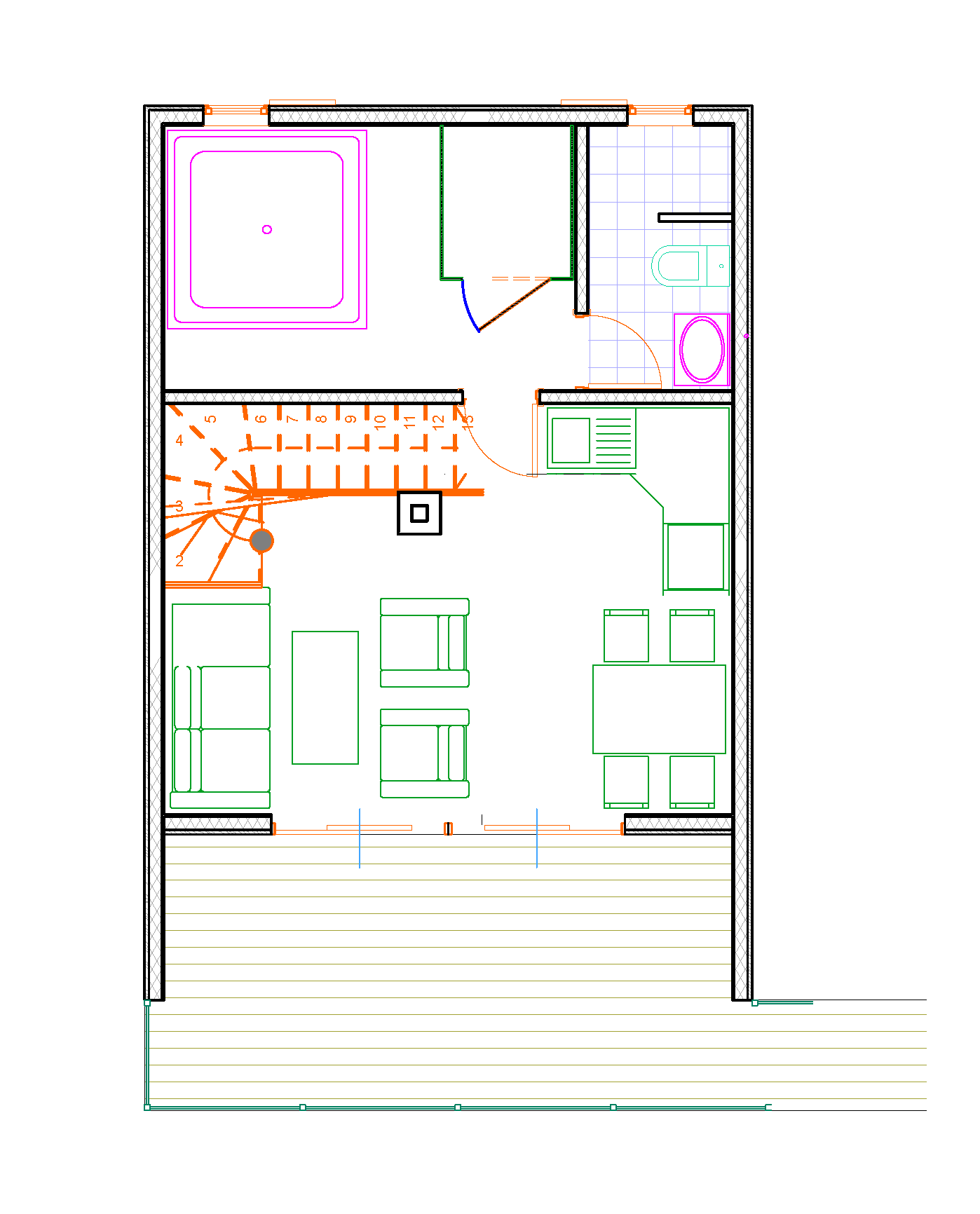 Floor plan of the ground floor of the Prism design: open living, dining and kitchen, a bathroom and a stair to the loft