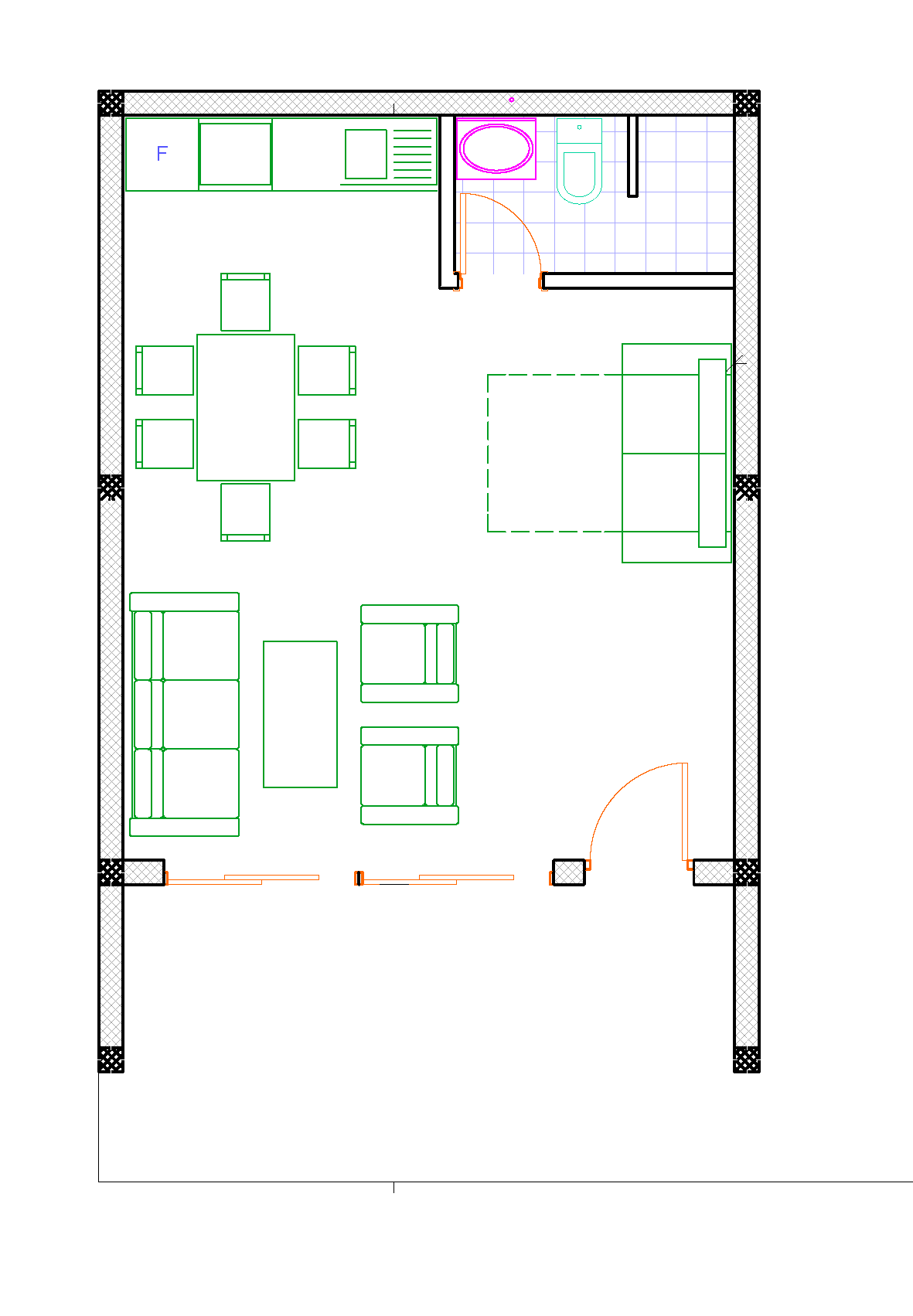 Floor plan of the ground floor (studio option) of the Prism design: a bathroom