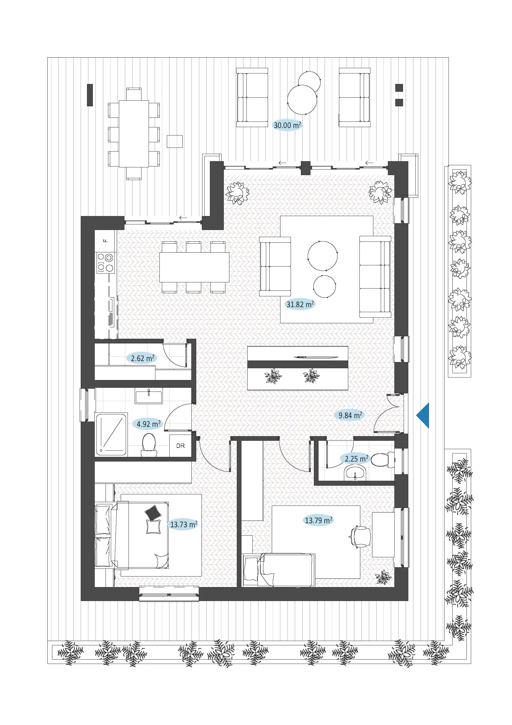 Floor plan of the ground floor of the Serena design: open-plan living, dining and kitchen opening onto a covered terrace, two bedrooms, a bathroom, a separate WC, a pantry and an entrance hall