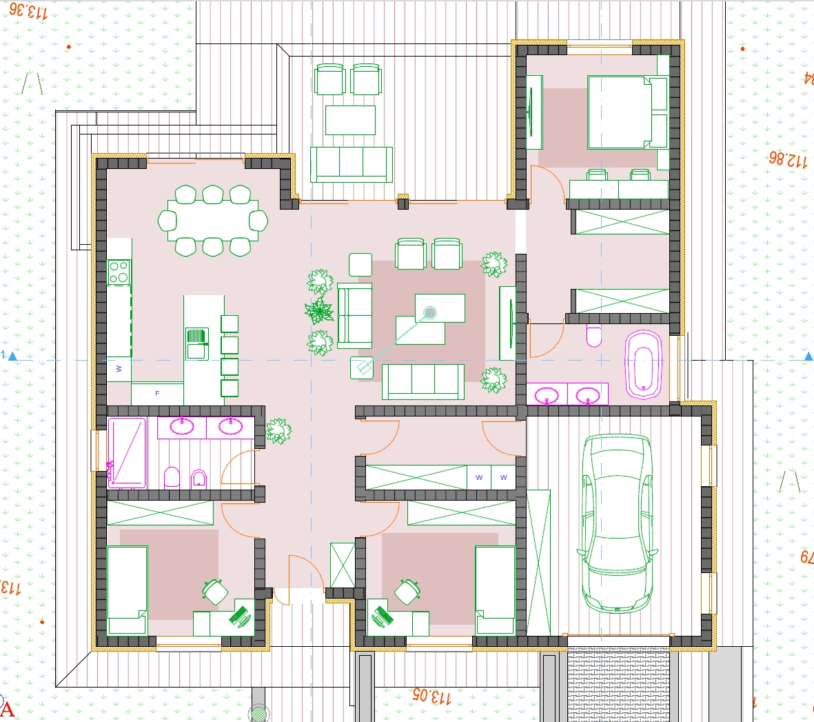 Floor plan of the ground floor of the Solana design: open living, dining and kitchen, primary suite, two bedrooms, two bathrooms and a single garage