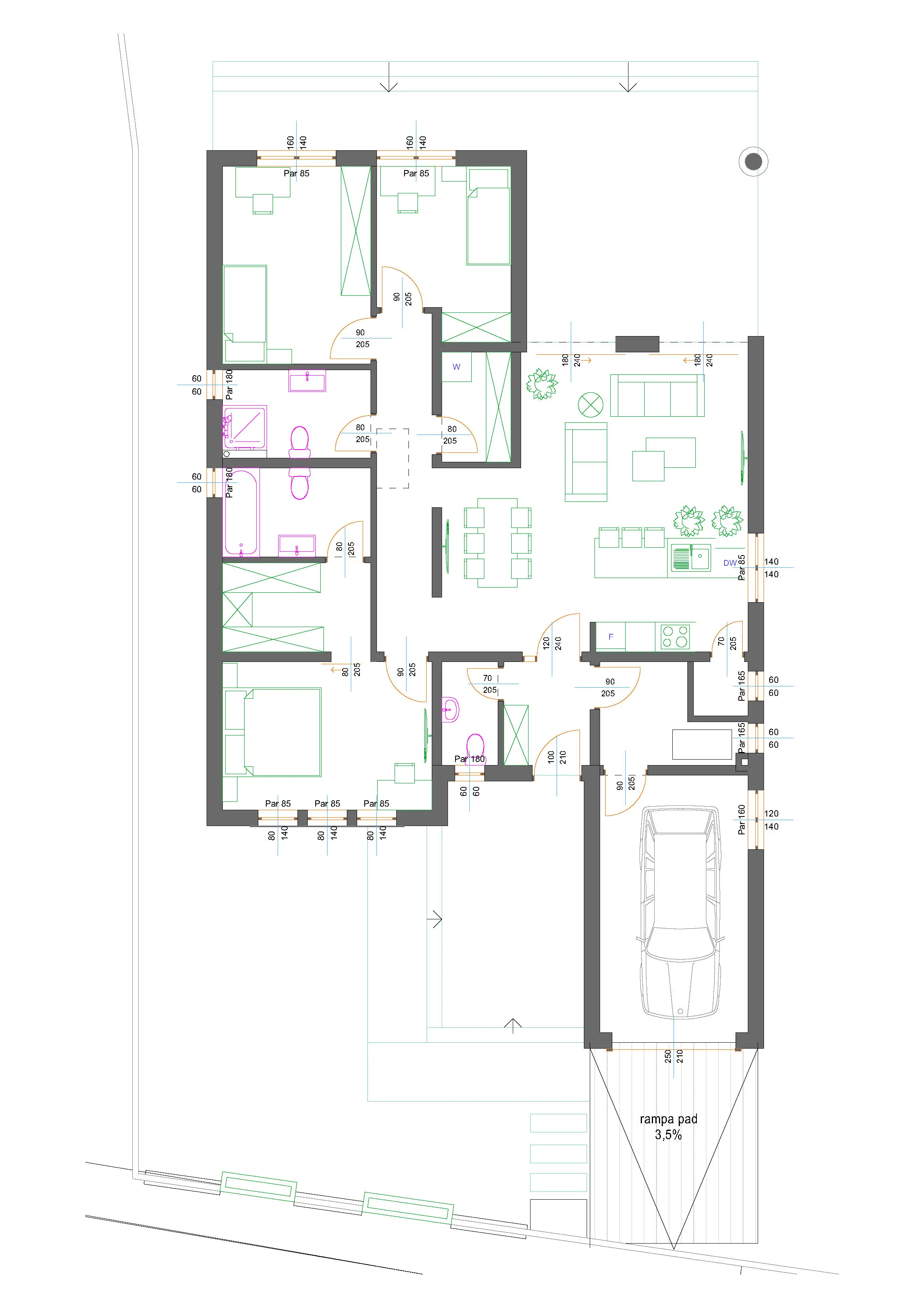 Floor plan of the ground floor of the Strata design: three bedrooms, two bathrooms and a guest WC, open-plan living, dining and kitchen with island, and an integrated single garage with technical room