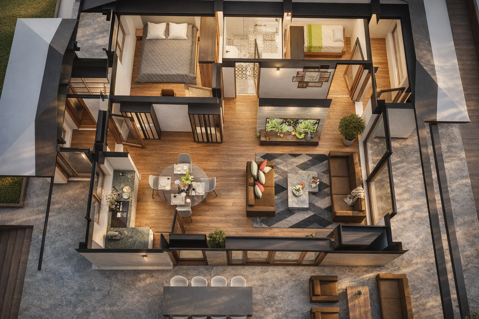 Floor plan of the ground floor of the Sylvan design, shown as a 3D cutaway: two bedrooms, bathroom, open living, dining and kitchen, and the covered terrace