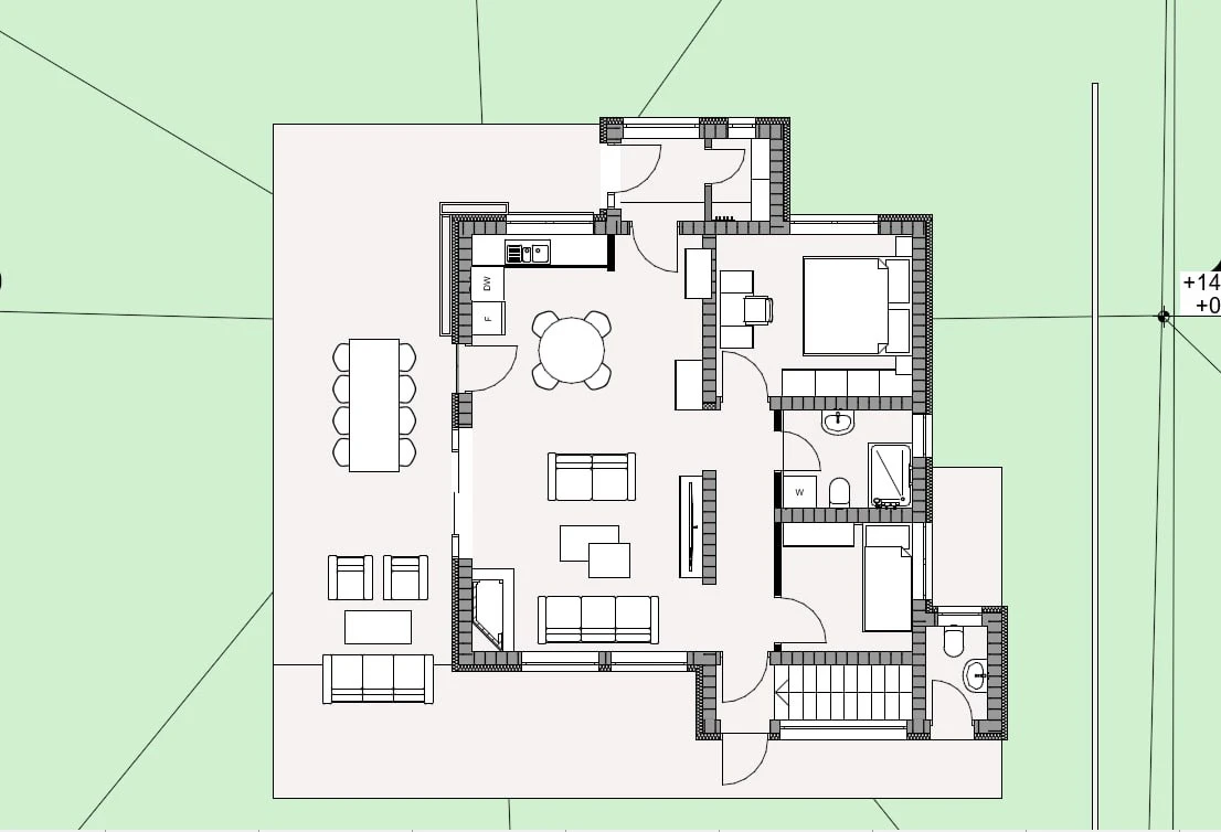 Floor plan of the ground floor of the Sylvan design: open living, dining and kitchen with fireplace, two bedrooms, bathroom, guest WC, stair to the basement and terrace