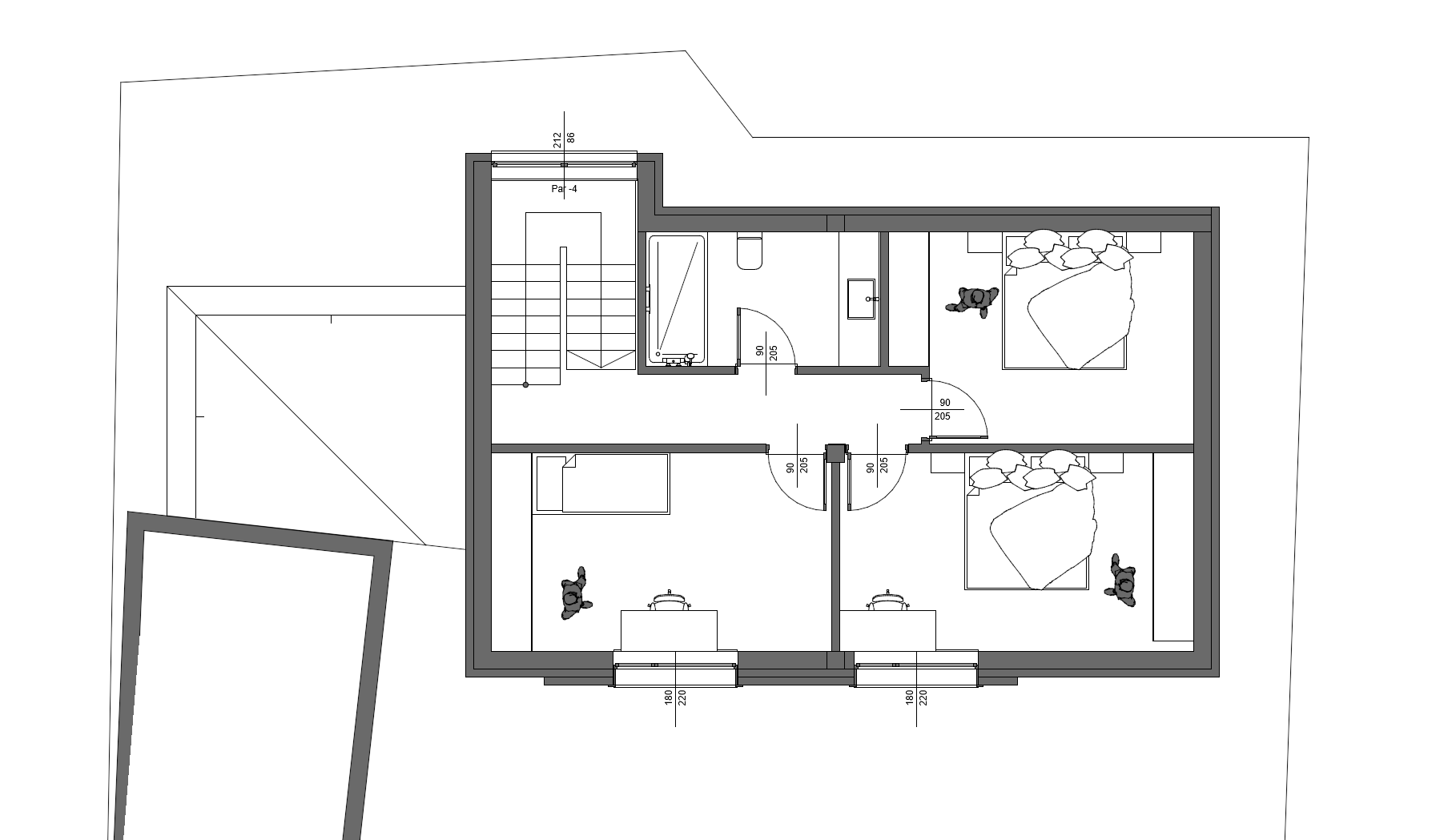 Floor plan of the attic floor of the Terracotta design: three bedrooms and a family bathroom around a central landing