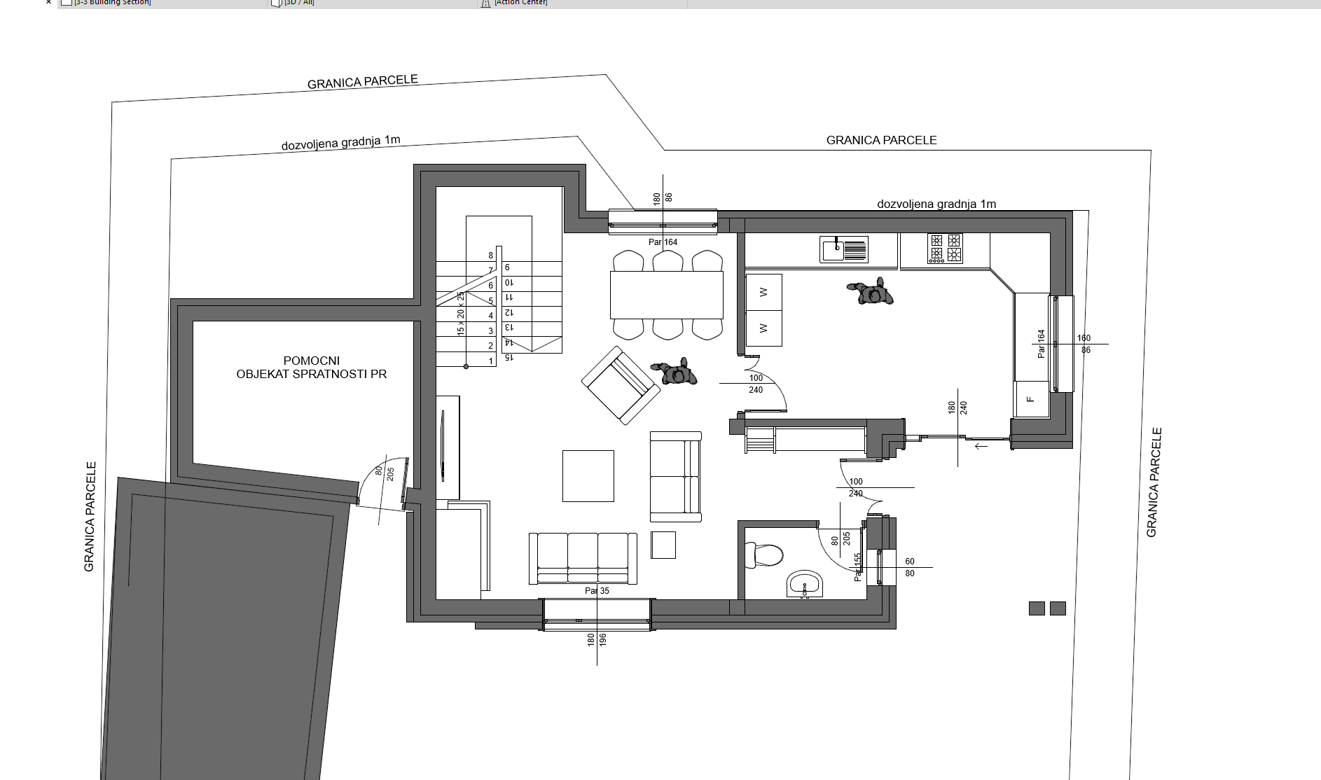Floor plan of the ground floor of the Terracotta design: open-plan living and dining with staircase, L-shaped kitchen, guest WC and attached storage outbuilding
