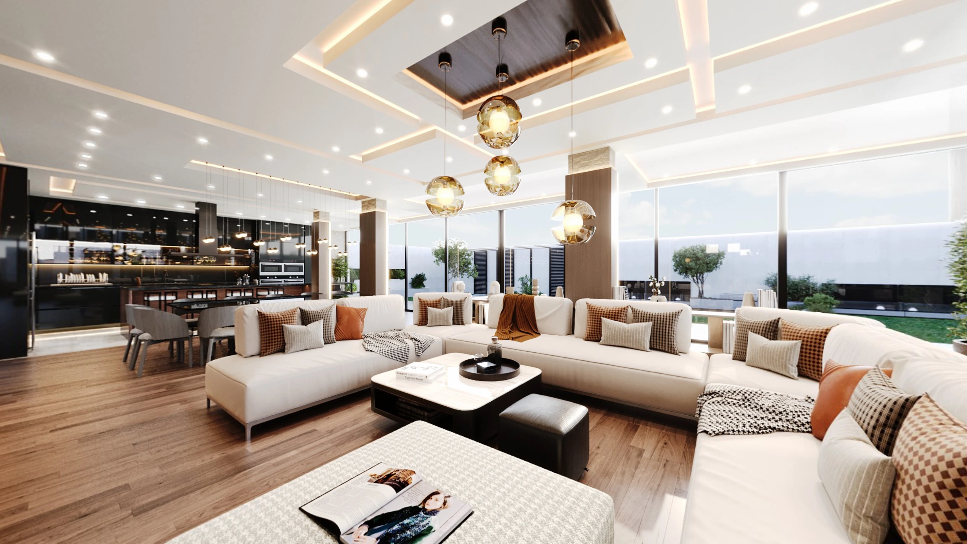 Opening view of the Residence 360° tour: open-plan living room with cream sectional sofas, glass globe pendants and a black gloss kitchen beyond