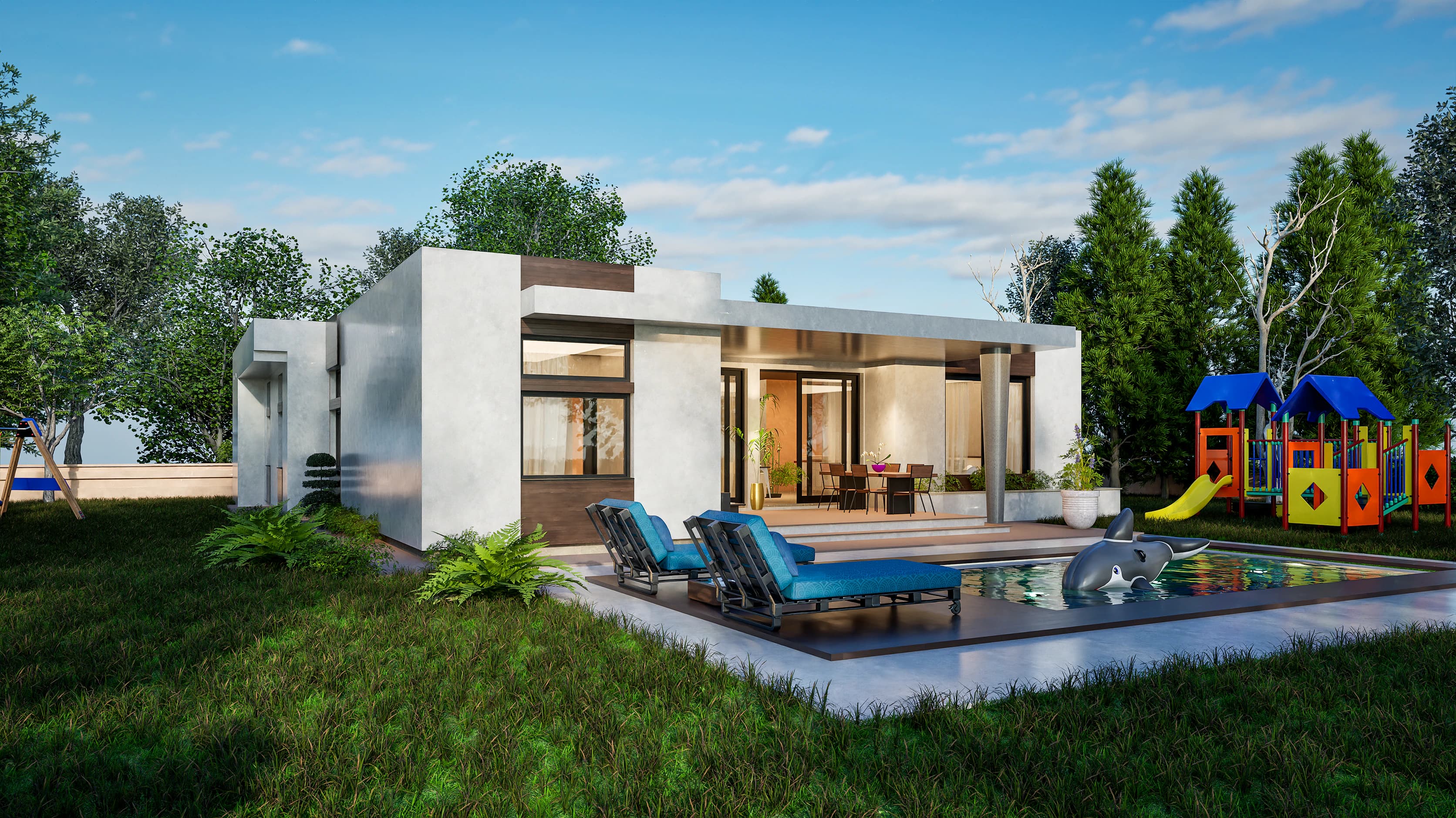 Solana rendering: single-story modern house from the garden — flat roof, white render with timber-tone panels and a covered terrace beside a pool