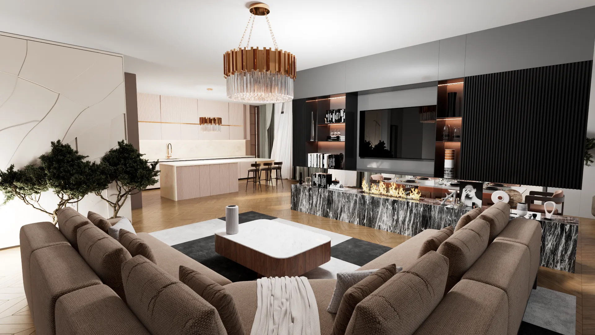 Altura rendering: open kitchen with a long island and bar stools, flowing into a lounge corner