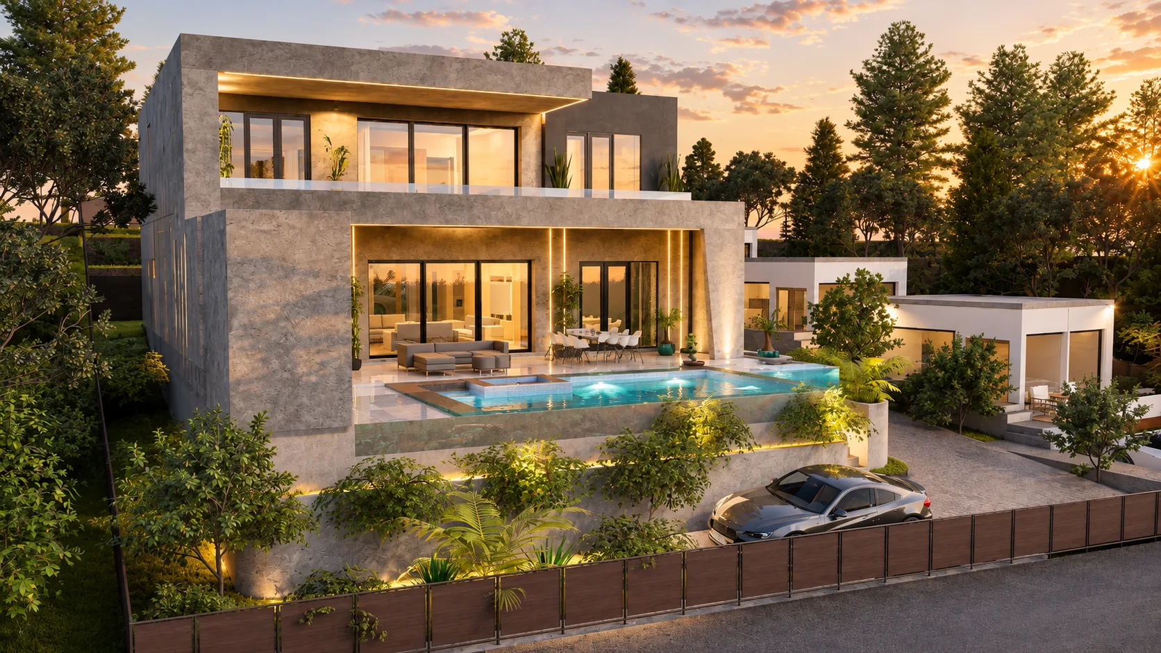 Belvedere rendering: two-story flat-roof villa at dusk with an illuminated pool on a raised terrace above planted retaining walls